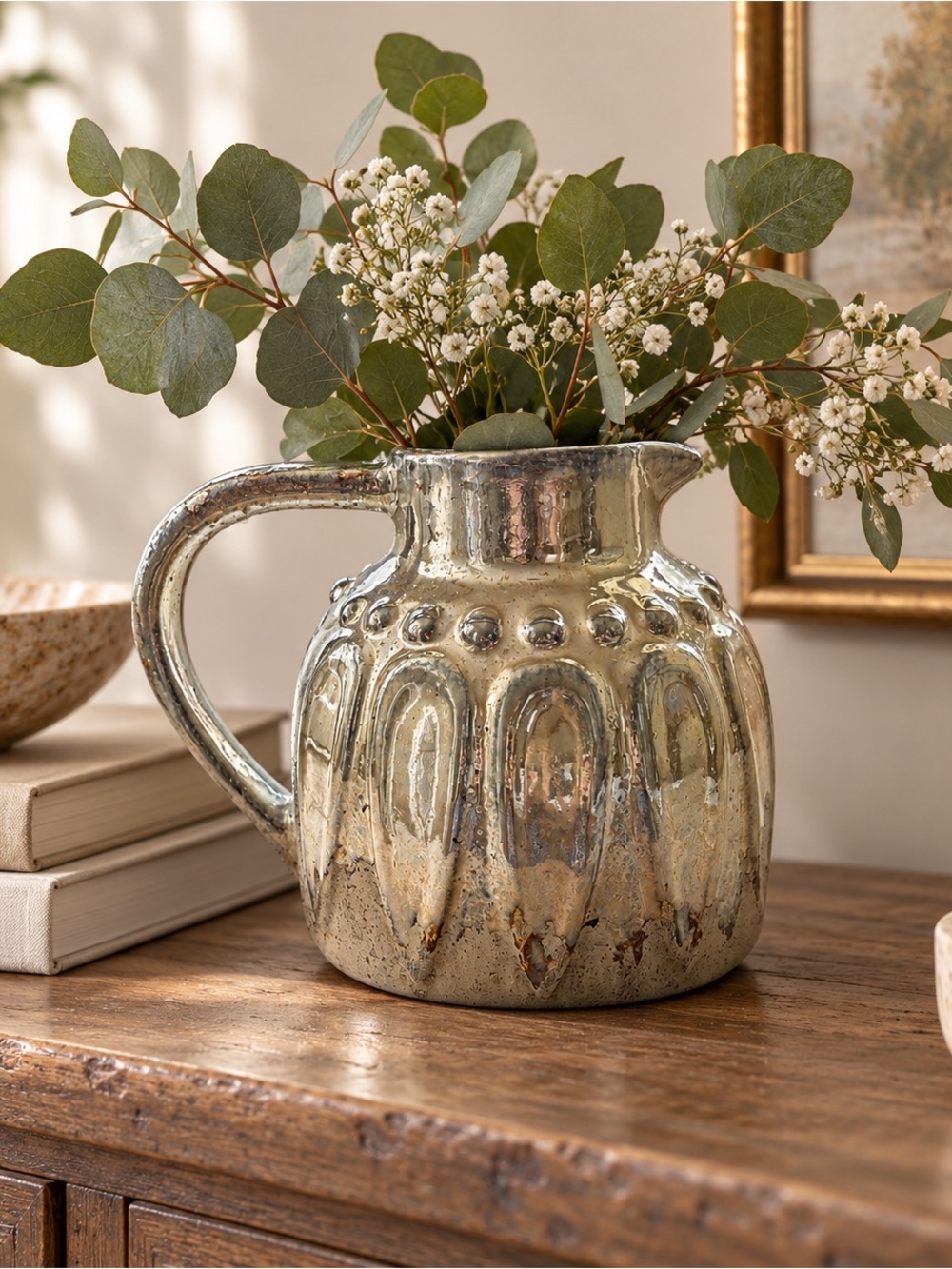 Teal & Silver Glass Pitcher Vase -